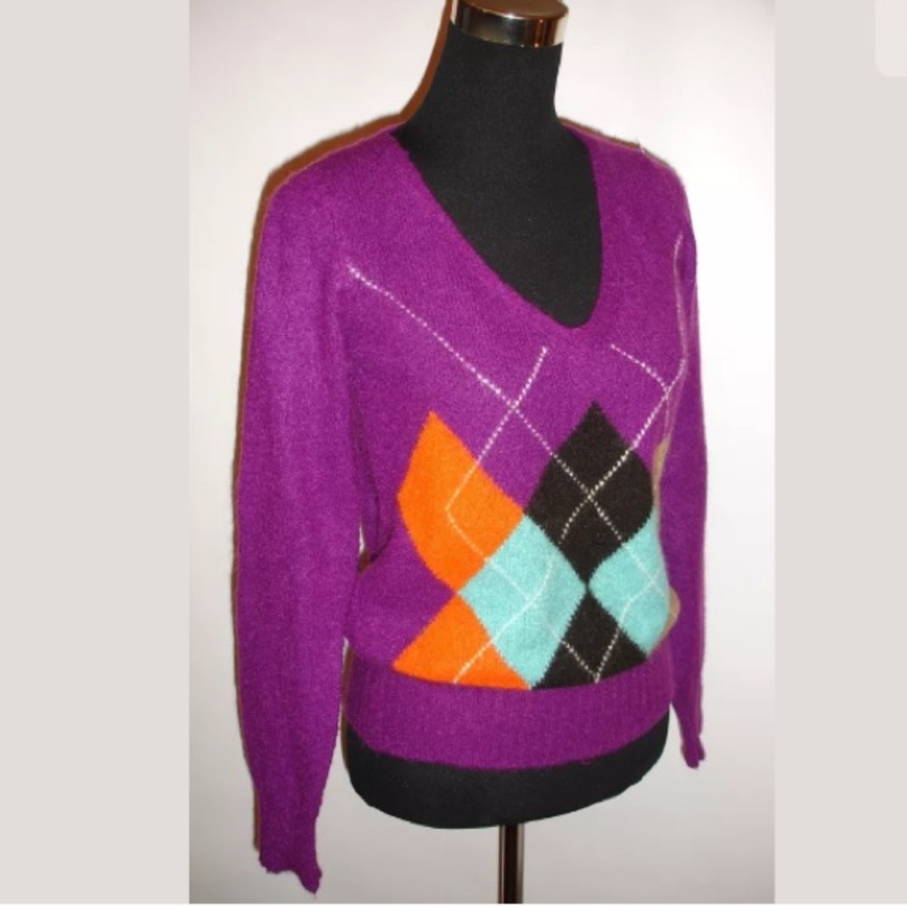 UNITED COLORS OF BENETTON Argyle V-Neck Purple Sweater S - Picture 2 of 8